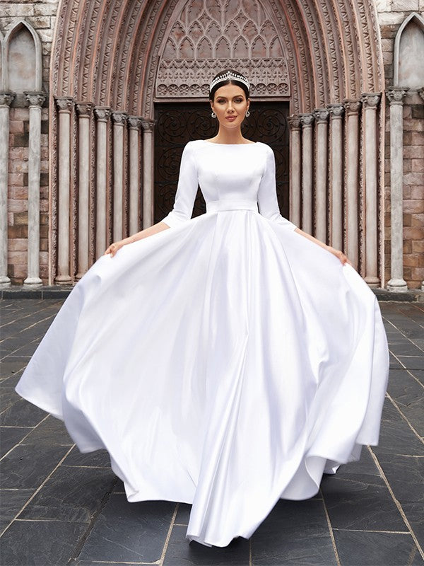 A-Line/Princess Satin Bowknot Bateau 3/4 Sleeves Sweep/Brush Train Wedding Dresses Bridal Gowns