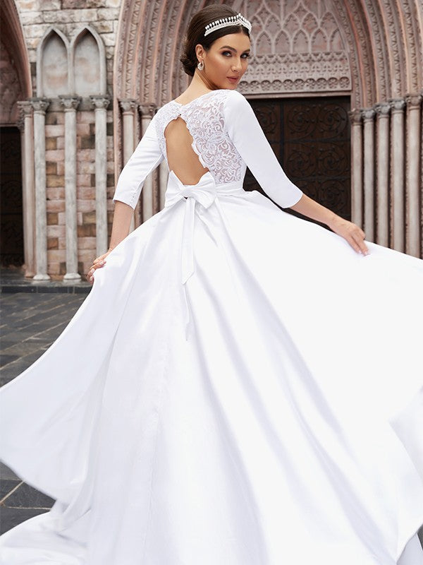 A-Line/Princess Satin Bowknot Bateau 3/4 Sleeves Sweep/Brush Train Wedding Dresses Bridal Gowns