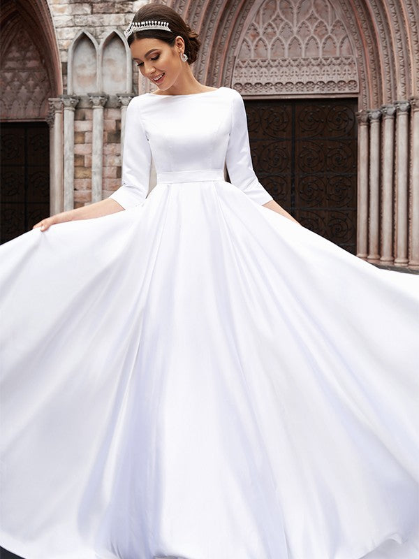 A-Line/Princess Satin Bowknot Bateau 3/4 Sleeves Sweep/Brush Train Wedding Dresses Bridal Gowns
