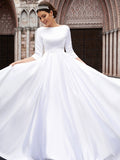 A-Line/Princess Satin Bowknot Bateau 3/4 Sleeves Sweep/Brush Train Wedding Dresses Bridal Gowns