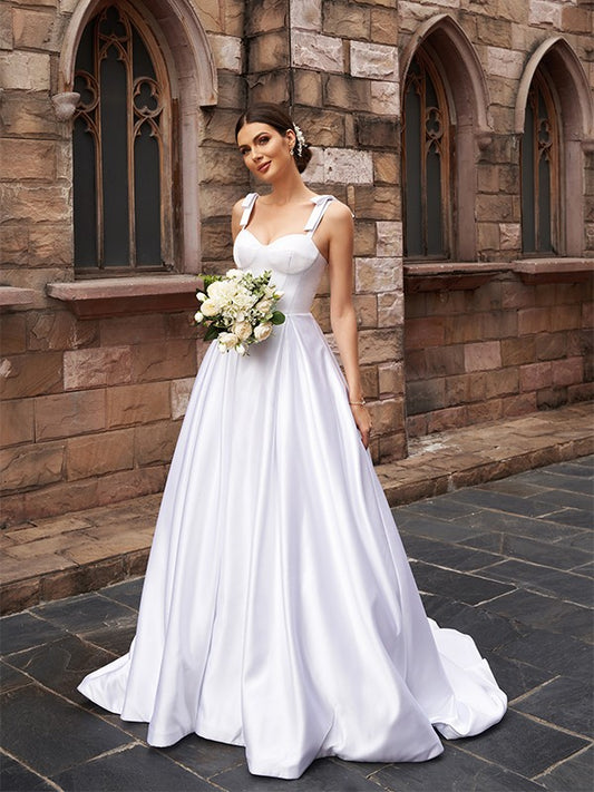 A-Linie/Princess-Linie Satin Rüschen Träger Ärmellos Sweep/Pinsel zug Brautkleider