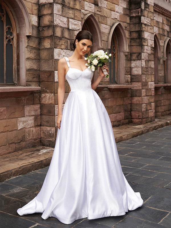 A-Linie/Princess-Linie Satin Rüschen Träger Ärmellos Sweep/Pinsel zug Brautkleider