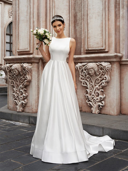 A-Linie/Princess-Linie Satin Ärmellos U-Ausschnitt Rüschen Sweep/Pinsel zug Brautkleider