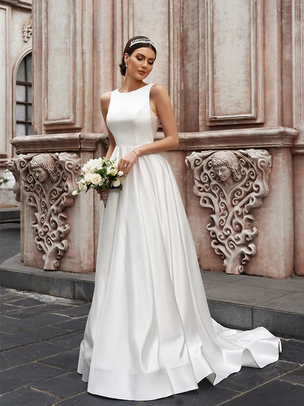 A-Linie/Princess-Linie Satin Ärmellos U-Ausschnitt Rüschen Sweep/Pinsel zug Brautkleider