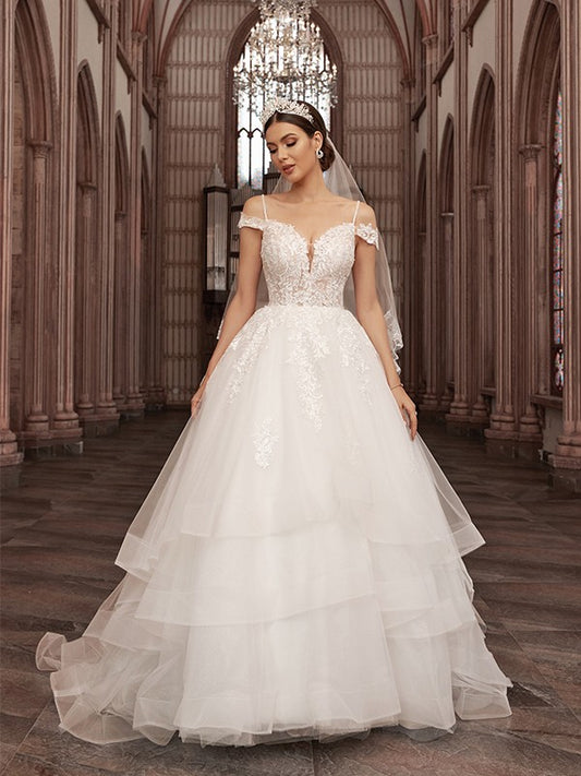 Vestidos de novia de corte A/princesa, con apliques de tul, escote corazón, sin mangas, cola larga