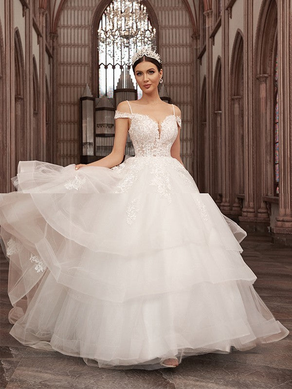 Vestidos de novia de corte A/princesa, con apliques de tul, escote corazón, sin mangas, cola larga