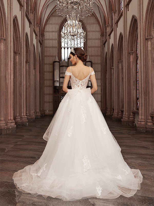 Vestidos de novia de corte A/princesa, con apliques de tul, escote corazón, sin mangas, cola larga