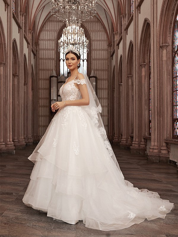 Vestidos de novia de corte A/princesa, con apliques de tul, escote corazón, sin mangas, cola larga