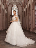 Vestidos de novia de corte A/princesa, con apliques de tul, escote corazón, sin mangas, cola larga