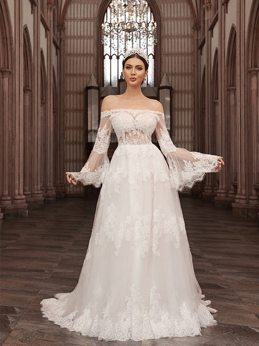 A-Line/Princess Off-the-Shoulder Tulle Long Sleeves Applique Sweep/Brush Train Wedding Dresses Bridal Gowns