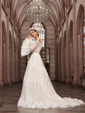A-Line/Princess Off-the-Shoulder Tulle Long Sleeves Applique Sweep/Brush Train Wedding Dresses Bridal Gowns