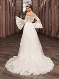 A-Line/Princess Off-the-Shoulder Tulle Long Sleeves Applique Sweep/Brush Train Wedding Dresses Bridal Gowns