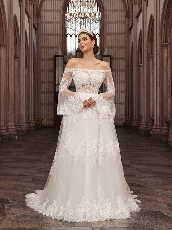 A-Line/Princess Off-the-Shoulder Tulle Long Sleeves Applique Sweep/Brush Train Wedding Dresses Bridal Gowns