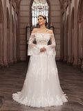 A-Line/Princess Off-the-Shoulder Tulle Long Sleeves Applique Sweep/Brush Train Wedding Dresses Bridal Gowns