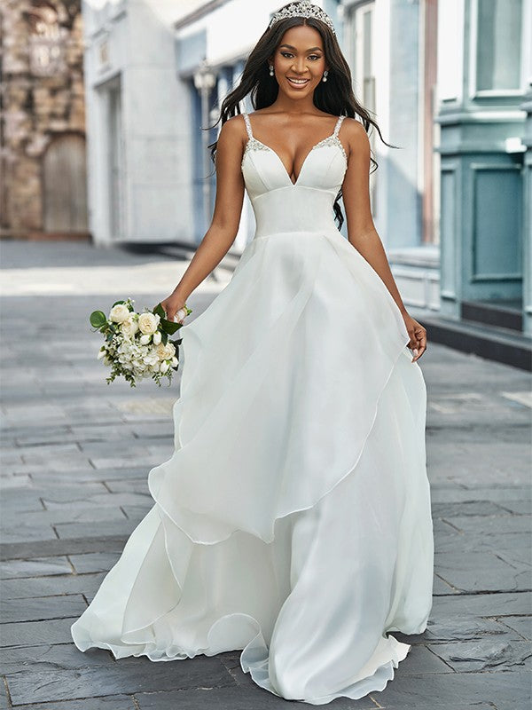 A-Line/Princess V-neck Organza Sleeveless Beading Sweep/Brush Train Wedding Dresses Bridal Gowns