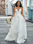 A-Line/Princess V-neck Organza Sleeveless Beading Sweep/Brush Train Wedding Dresses Bridal Gowns