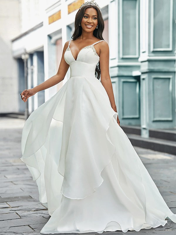 A-Line/Princess V-neck Organza Sleeveless Beading Sweep/Brush Train Wedding Dresses Bridal Gowns
