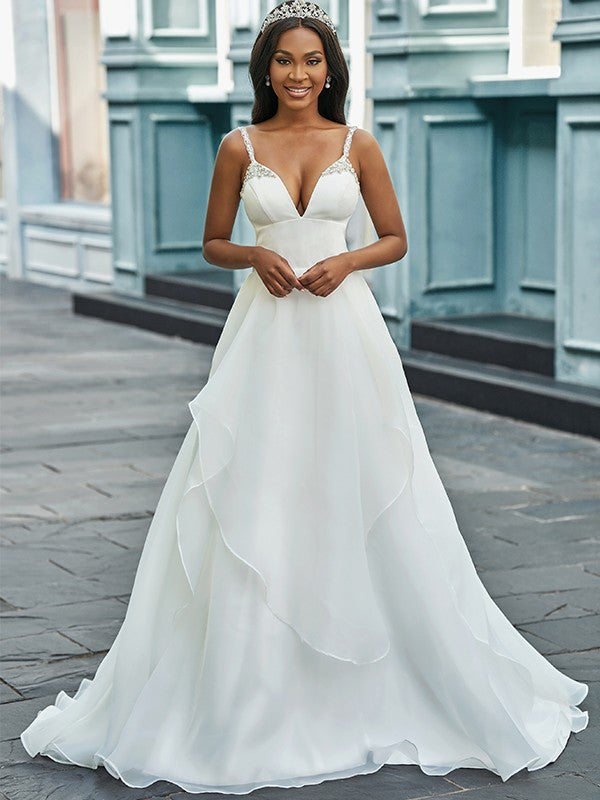 A-Line/Princess V-neck Organza Sleeveless Beading Sweep/Brush Train Wedding Dresses Bridal Gowns