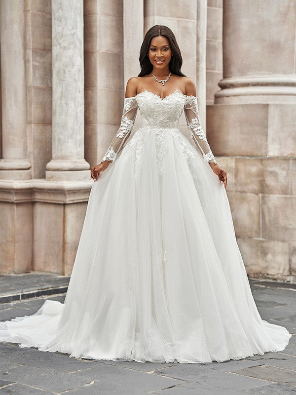 A-Line/Princess Tulle Applique Off-the-Shoulder Long Sleeves Sweep/Brush Train Wedding Dresses Bridal Gowns