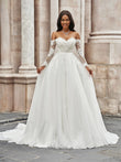 A-Line/Princess Tulle Applique Off-the-Shoulder Long Sleeves Sweep/Brush Train Wedding Dresses Bridal Gowns