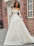 A-Line/Princess Tulle Applique Off-the-Shoulder Long Sleeves Sweep/Brush Train Wedding Dresses Bridal Gowns