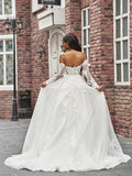 A-Line/Princess Tulle Applique Off-the-Shoulder Long Sleeves Sweep/Brush Train Wedding Dresses Bridal Gowns