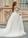 A-Line/Princess Tulle Applique Off-the-Shoulder Long Sleeves Sweep/Brush Train Wedding Dresses Bridal Gowns