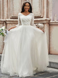 A-Line/Princess Ruched Sweetheart Tulle 3/4 Sleeves Sweep/Brush Train Wedding Dresses Bridal Gowns
