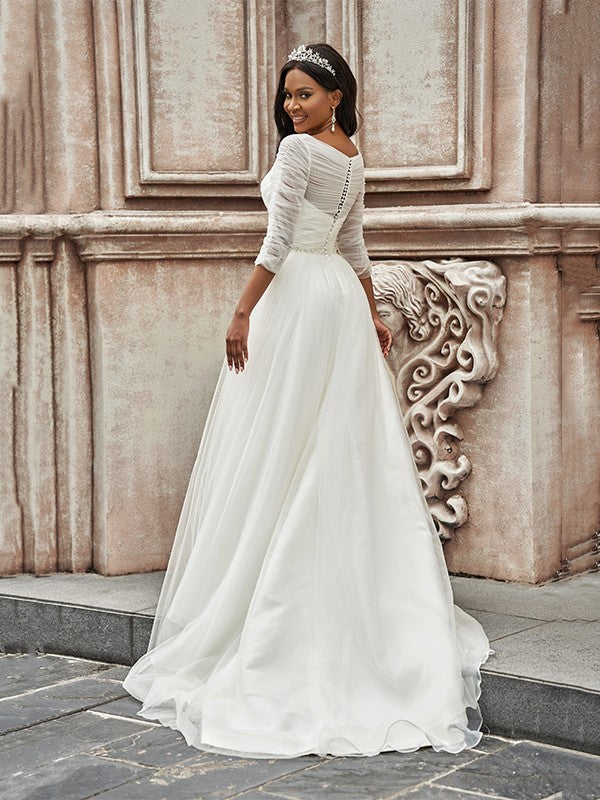 A-Line/Princess Ruched Sweetheart Tulle 3/4 Sleeves Sweep/Brush Train Wedding Dresses Bridal Gowns
