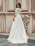 A-Line/Princess Ruched Sweetheart Tulle 3/4 Sleeves Sweep/Brush Train Wedding Dresses Bridal Gowns