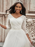 A-Line/Princess Ruched Sweetheart Tulle 3/4 Sleeves Sweep/Brush Train Wedding Dresses Bridal Gowns