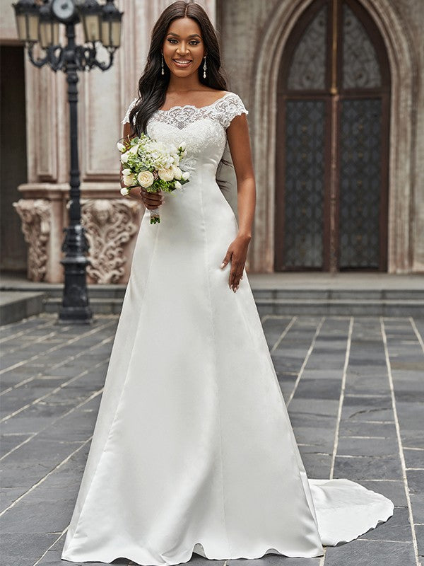 A-Line/Princess Scoop Satin Lace Sleeveless Chapel Train Wedding Dresses Bridal Gowns