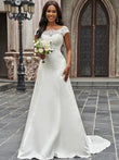 A-Line/Princess Scoop Satin Lace Sleeveless Chapel Train Wedding Dresses Bridal Gowns