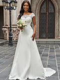 A-Line/Princess Scoop Satin Lace Sleeveless Chapel Train Wedding Dresses Bridal Gowns