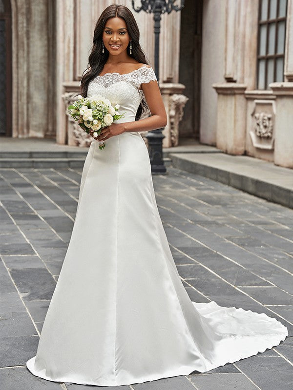 A-Line/Princess Scoop Satin Lace Sleeveless Chapel Train Wedding Dresses Bridal Gowns