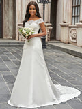 A-Line/Princess Scoop Satin Lace Sleeveless Chapel Train Wedding Dresses Bridal Gowns