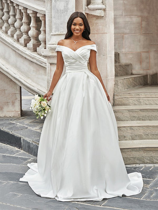 A-Line/Princess Off-the-Shoulder Ruched Sleeveless Satin Court Train Wedding Dresses Bridal Gowns