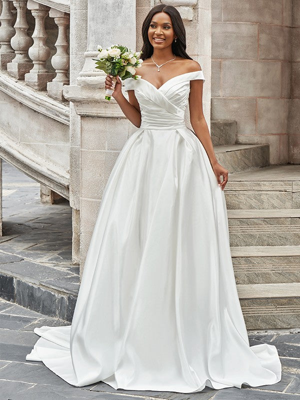 A-Line/Princess Off-the-Shoulder Ruched Sleeveless Satin Court Train Wedding Dresses Bridal Gowns