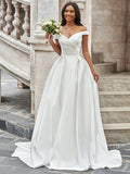 A-Line/Princess Off-the-Shoulder Ruched Sleeveless Satin Court Train Wedding Dresses Bridal Gowns