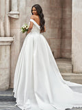 A-Line/Princess Off-the-Shoulder Ruched Sleeveless Satin Court Train Wedding Dresses Bridal Gowns