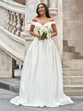 A-Line/Princess Off-the-Shoulder Ruched Sleeveless Satin Court Train Wedding Dresses Bridal Gowns