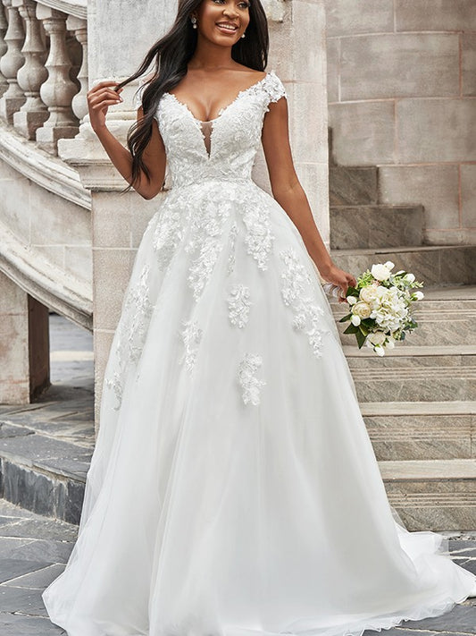 A-Line/Princess Tulle V-neck Applique Sleeveless Sweep/Brush Train Wedding Dresses Bridal Gowns
