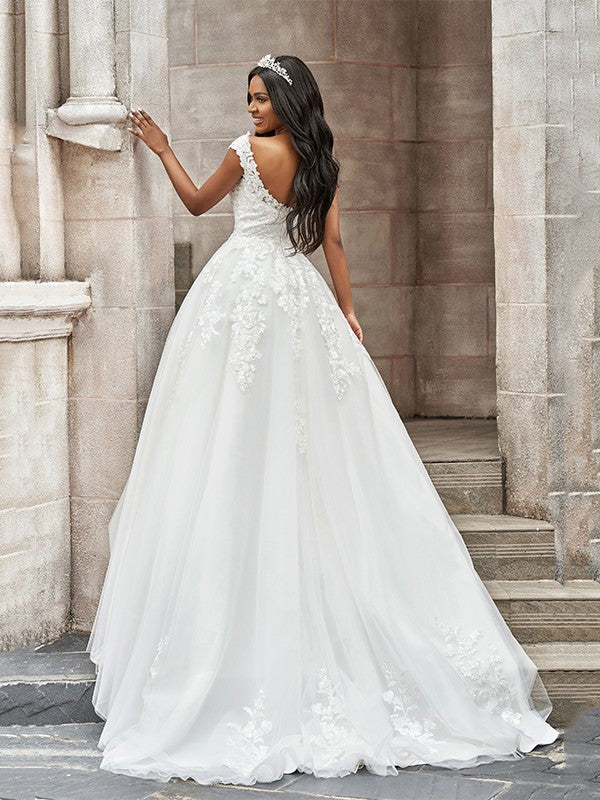 A-Linie/Princess-Linie Tüll V-Ausschnitt Applikationen Ärmellos Sweep/Pinsel zug Brautkleider