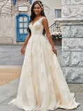 Vestidos de novia de corte A/princesa, con apliques de tul, escote en V, sin mangas y cola larga.