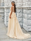 A-Line/Princess Sleeveless Tulle V-neck Applique Sweep/Brush Train Wedding Dresses Bridal Gowns