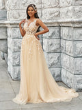 A-Line/Princess Sleeveless Tulle V-neck Applique Sweep/Brush Train Wedding Dresses Bridal Gowns