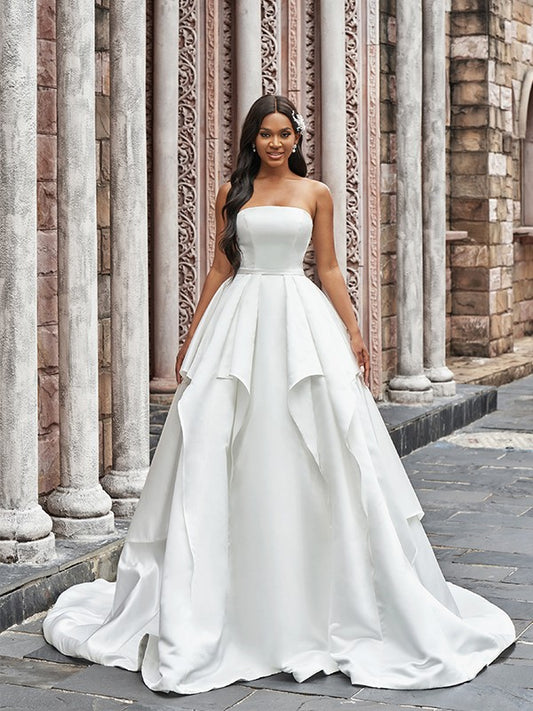 Ballkleid Satin Rüschen Trägerlos Ärmellos Hofschleppe Brautkleider Brautkleider