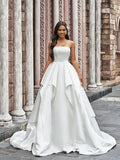 Ballkleid Satin Rüschen Trägerlos Ärmellos Hofschleppe Brautkleider Brautkleider