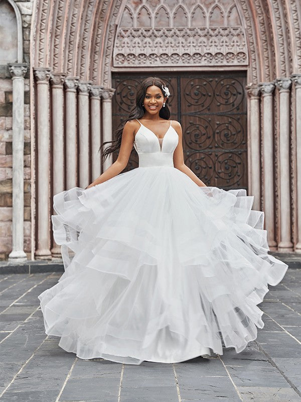 A-Line/Princess Tulle V-neck Ruffles Sleeveless Floor-Length Wedding Dresses Bridal Gowns