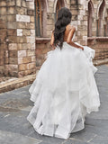 A-Line/Princess Tulle V-neck Ruffles Sleeveless Floor-Length Wedding Dresses Bridal Gowns